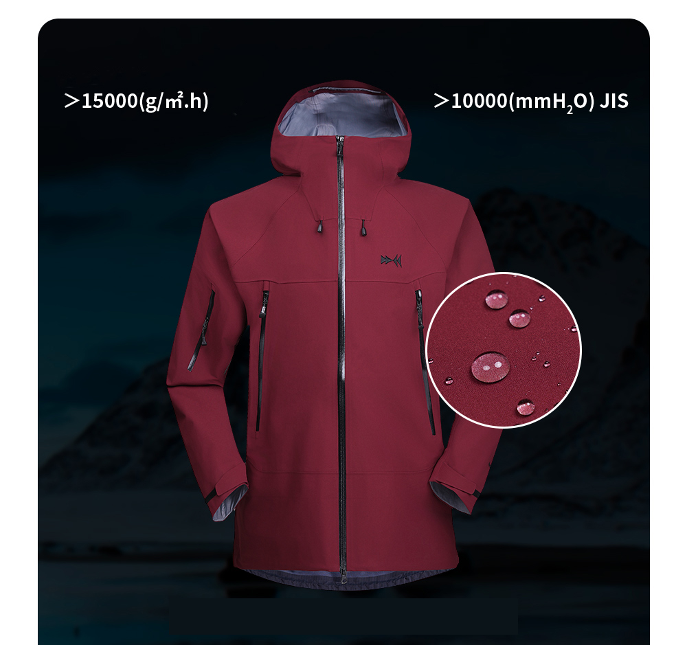 Simmerui all-weather jacket in red with water droplets on fabric, demonstrating waterproof and breathable features for outdoor adventures