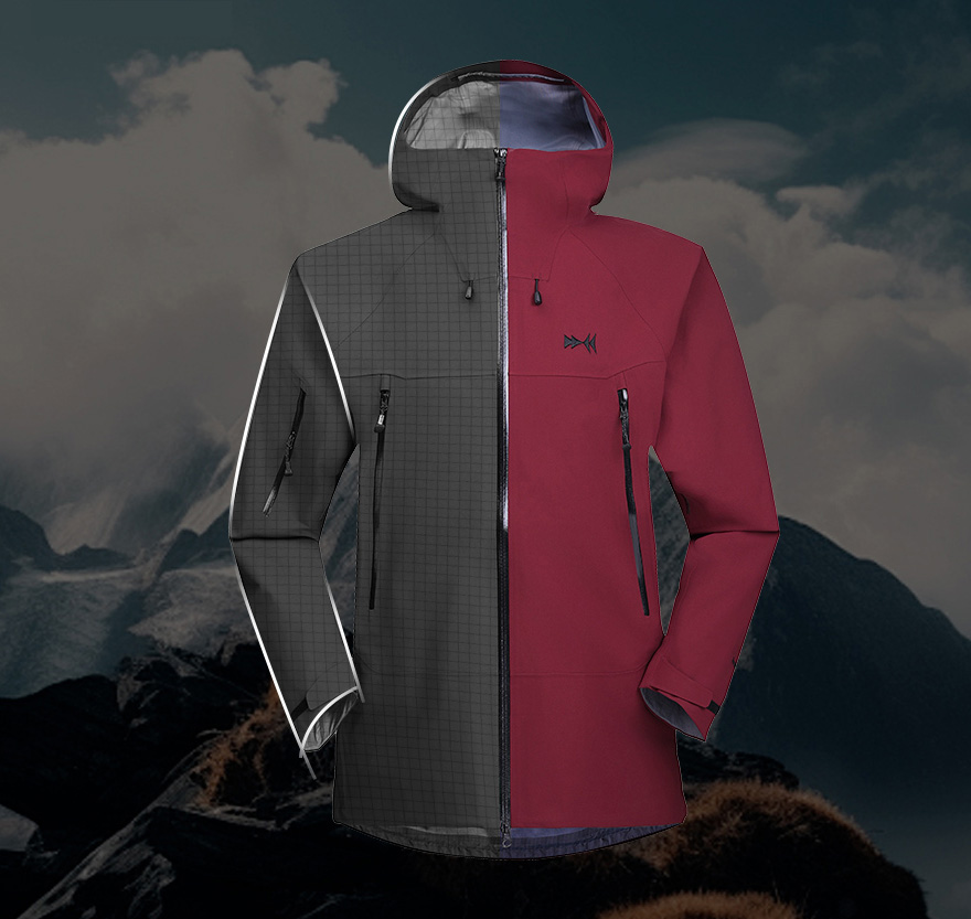 Detailed look at the Simmerui all-weather jacket, featuring high-performance fabric designed to withstand rain and harsh weather conditions