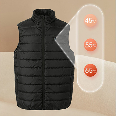 Simmerui black heated vest with temperature control settings, offering 45°C, 55°C, and 65°C heat options for adjustable warmth
