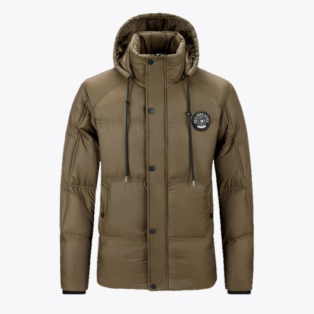 Men's lightweight puffer jacket in mustard yellow, front view with zipper closure and adjustable collar.