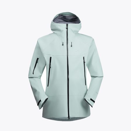 Women's Light Blue Waterproof Softshell Jacket with Black Zipper Pockets and Hood