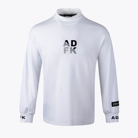 Simmerui men's long sleeve mock neck t-shirt in white with ADFK letter