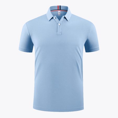 Men's blue polo shirt with a red, white, and navy striped collar, front view.