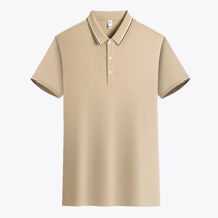 A classic khaki men's polo shirt with a collared neckline and three button placket, designed for comfort and style.