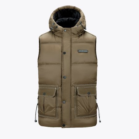 brown men's puffer vest with hood and front pockets, featuring adjustable drawstrings