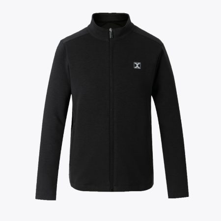 Men's black full zip sports jacket front view with high collar.