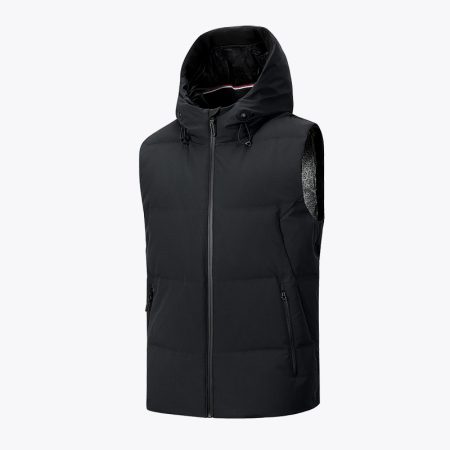 A men's black hooded puffer vest featuring a front zipper and adjustable drawstrings.