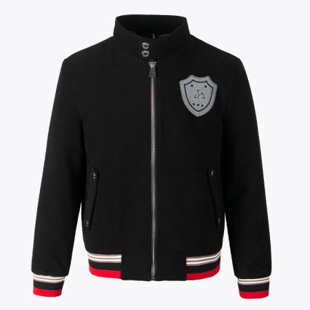 Men's black varsity bomber jacket with a logo crest on the chest and striped cuffs and waistband