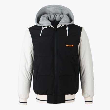 Men's Colorblock Hooded Puffer Jacket with contrasting black and white design, featuring a zip closure and orange logo.