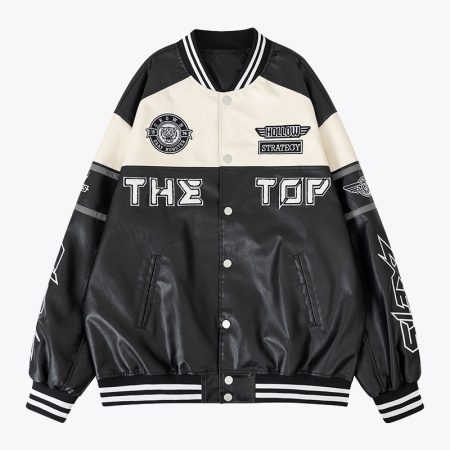 Black and white letterman varsity jacket with leather sleeves and embroidered patches on the chest