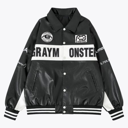 black leather varsity jacket with white stripes on the cuffs and hem, featuring bold text and patches on the front.