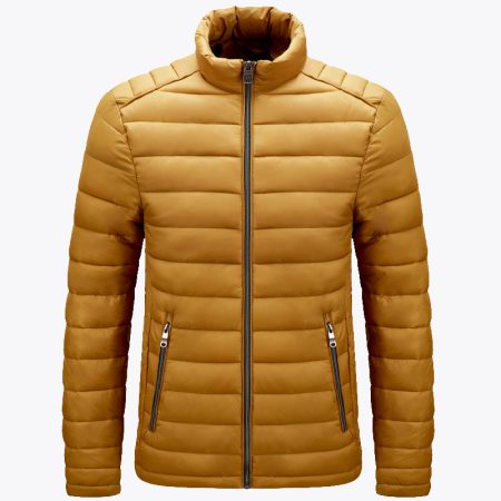 A mustard-colored puffer jacket with a zippered front and two side pockets.
