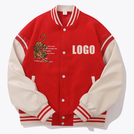 The jacket features red and beige colors with a bold embroidered tiger design on the back and striped ribbed cuffs.
