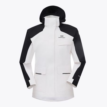 front view of a men's white jacket with a black hood and contrasting black sleeves.