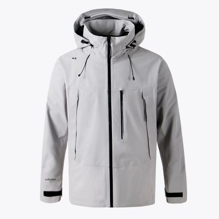 Front view of men's waterproof shell jacket in gray with adjustable hood and multiple zippers.