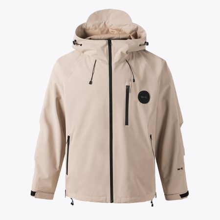 Men's beige waterproof jacket with a hood and zippered pockets