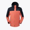 Women's color-block waterproof jacket with a hood, orange and navy design, and logo details.