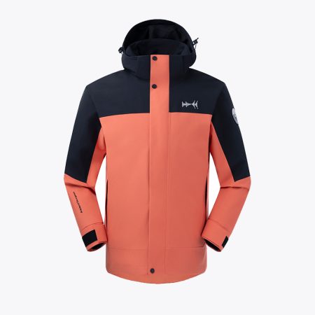 Women's color-block waterproof jacket with a hood, orange and navy design, and logo details.