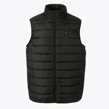 Black insulated vest with a zipper front and a stand-up collar