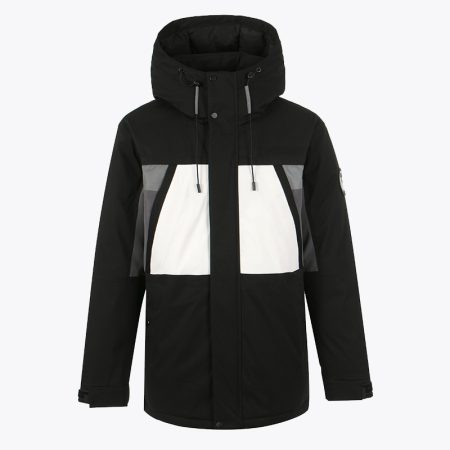 Black hooded puffer jacket with white colorblock design on the front
