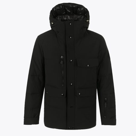 front view of a men's black hooded puffer jacket, showcasing the hood and quilted design.
