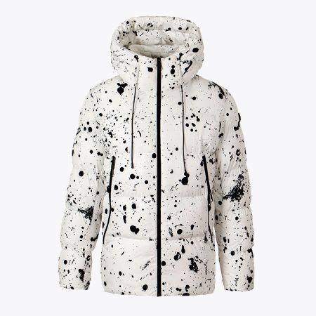 Front view of white puffer jacket with black and blue splatter paint design, featuring adjustable hood and front zipper closure