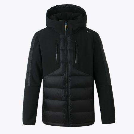 Front view of a black hybrid hooded puffer jacket with a zipper and drawstrings, featuring black and grey panels and zippered pockets