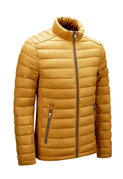 Simmerui men’s lightweight insulated puffer jacket in yellow with stand collar and zip pockets