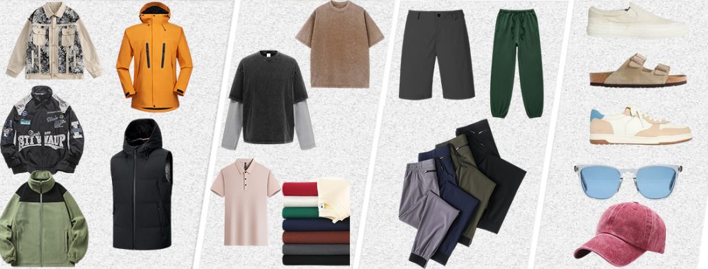 Men's spring and fall outfits featuring jackets, polo shirts, and pants, showcasing versatile clothing options for a stylish wardrobe.