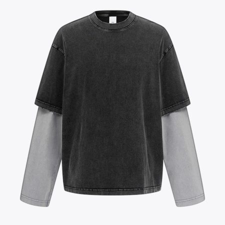 Front view of gray and black contrast color fake two-piece t-shirt.