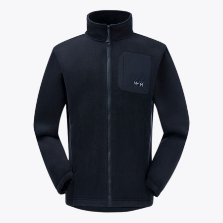 black fleece jacket with black pocket detail and high collar
