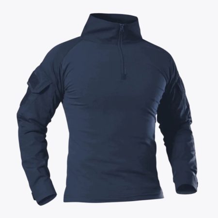 Men's camouflage tactical long-sleeve shirt with 1/4 zip front and high neck collar, featuring camouflage patterned sleeves and a military style