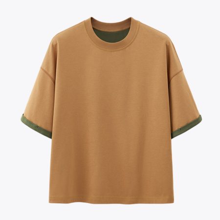 caramel reversible short sleeve t-shirt with yellow accents on the sleeves, showing the clean design and comfortable fit