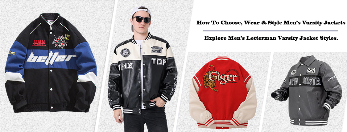 Men’s varsity jacket style guide collage showing different letterman jacket designs and outfit inspiration for every season