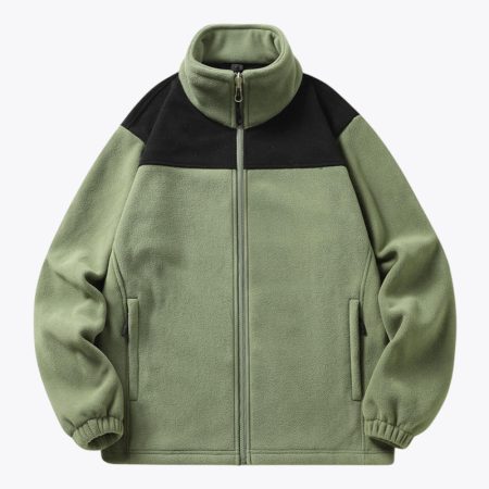 Close-up view of the collar and zipper area of a men's fleece jacket in green and black with high-quality stitching.
