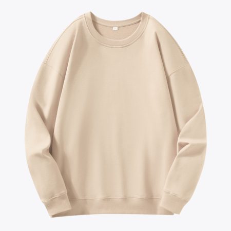 Front view of a comfortable Khaki cotton sweatshirt with ribbed cuffs and hem.