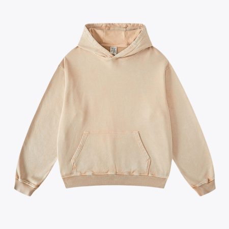 Khaki vintage acid-wash hoodie sweatshirt for men with drawstring hood and front pocket