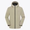 Khaki softshell jacket with a hood, front zipper, and black detailing on the sleeves and zipper, ideal for outdoor activities and casual wear