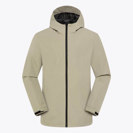 Khaki softshell jacket with a hood, front zipper, and black detailing on the sleeves and zipper, ideal for outdoor activities and casual wear