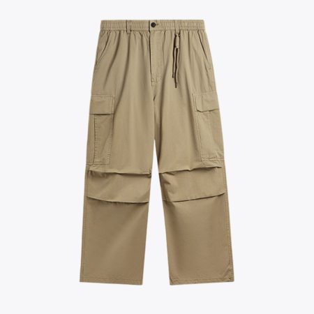 Men's khaki cargo pants with a relaxed fit and multiple utility pockets, featuring an elastic waistband with a drawstring for a comfortable fit