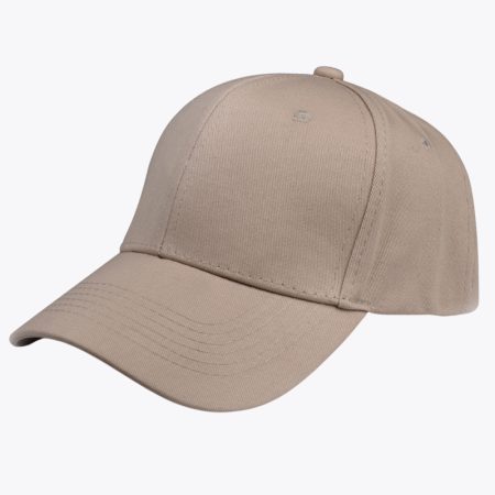 Sand color baseball cap with a size measurement, showing adjustable head circumference and brim length.