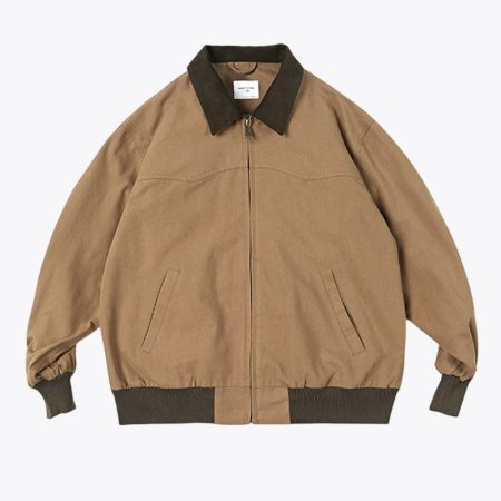 front view of brown corduroy bomber jacket with khaki