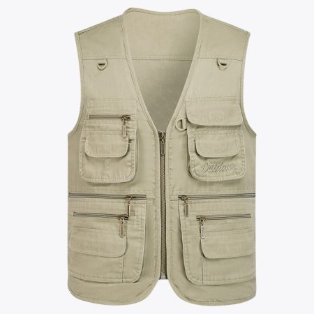 khaki multipacket denim fishing vest with front and side zipper pockets.