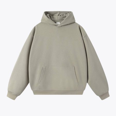 A plain light green hoodie with a large front pocket and ribbed cuffs