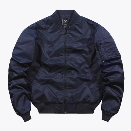 Front view of a navy-blue military tactical jacket featuring a zipper closure, military-style pockets, and a comfortable design with ribbed cuffs.