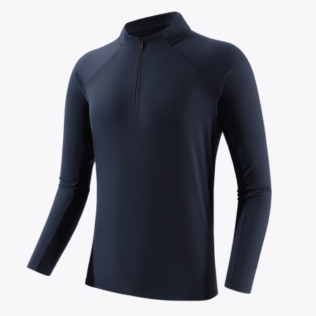 Men's long-sleeve zip-up shirt with a stylish collar, perfect for casual wear or light workouts, showcasing a sleek navy-blue design