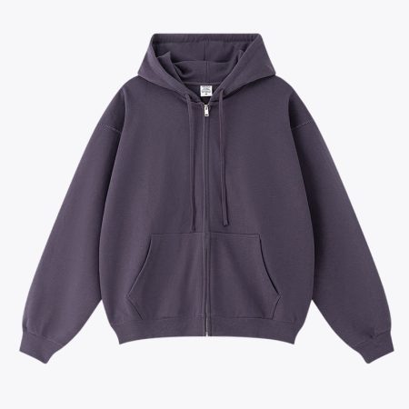 Front view of a purple oversized zipper hoodie with a spacious front pocket and hood.