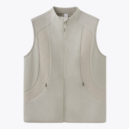 Front view of the men's waterproof vest with a zippered design, highlighting the contrast color panels and functional zippers