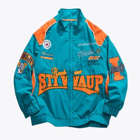 Teal and orange bomber jacket with graphic designs and embroidered text, featuring a front zipper closure.