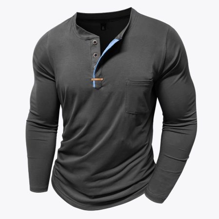 Men's black long-sleeve Henley shirt with three-button design and small pocket